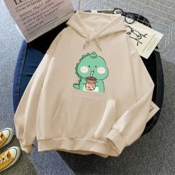 Apparel Chubby Dino Drinking Bubble Tea Part-Cotton Hoodie