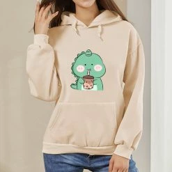 Apparel Chubby Dino Drinking Bubble Tea Part-Cotton Hoodie