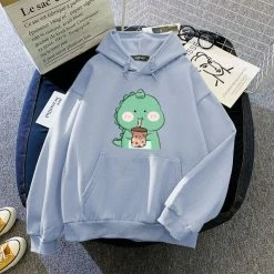 Apparel Chubby Dino Drinking Bubble Tea Part-Cotton Hoodie