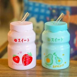 Home Decor Cute Cartoon Fruit Friends Ceramic Cup With Straw Home & Pets