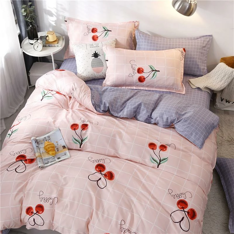 Home Decor Cute Pink & Gray Cherry Printed Bedding Set 3 Home Decor Cute Pink & Gray Cherry Printed Bedding Set
