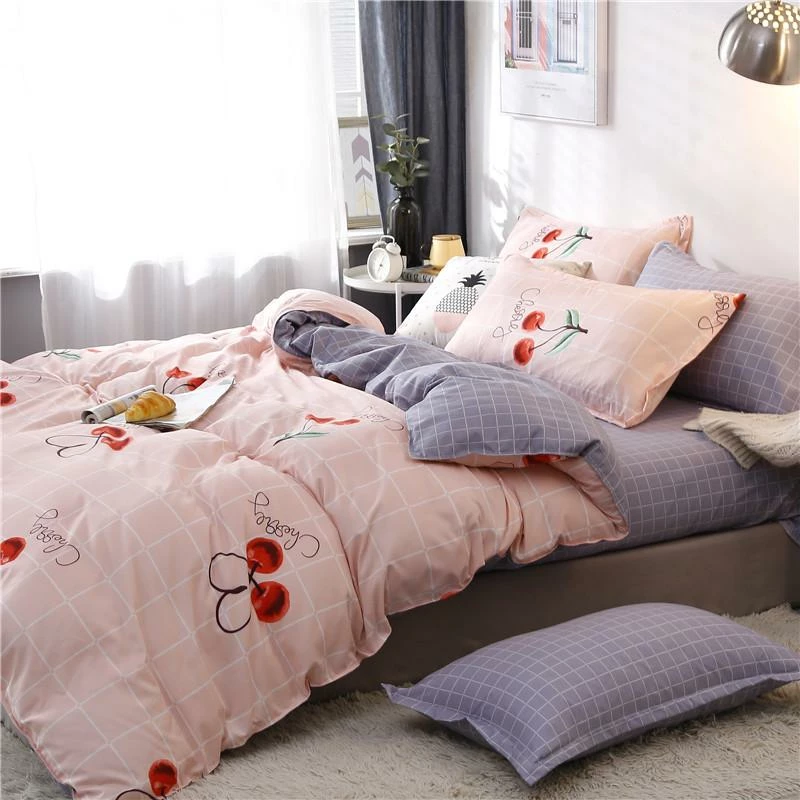 Home Decor Cute Pink & Gray Cherry Printed Bedding Set 4 Home Decor Cute Pink & Gray Cherry Printed Bedding Set