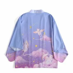 Apparel Elegant Sky Clouds Flying Cats Japanese Kimono