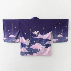 Apparel Elegant Sky Clouds Flying Cats Japanese Kimono