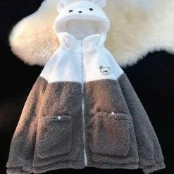 Apparel Embroidery Bear Polyester Two-Tone Wool Jacket