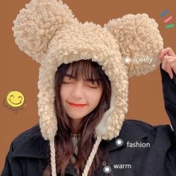 Apparel Faux Fur Large Bear Ears Tassel Beanie Hat