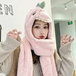 Apparel Fluffy Dino Handwarmer Scarf Hat Combo