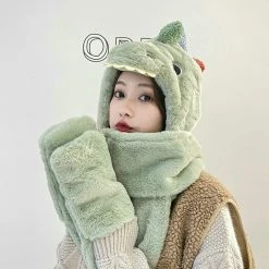 Apparel Fluffy Dino Handwarmer Scarf Hat Combo