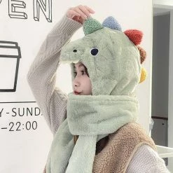 Apparel Fluffy Dino Handwarmer Scarf Hat Combo