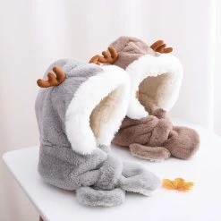 Apparel Fluffy Reindeer Handwarmer Scarf Hat Combo Matching Set