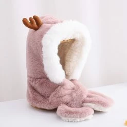 Apparel Fluffy Reindeer Handwarmer Scarf Hat Combo Matching Set