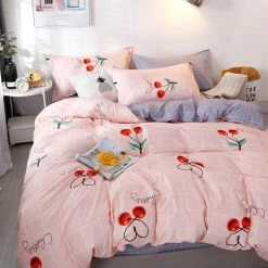 Home Decor Cute Pink & Gray Cherry Printed Bedding Set 12 Home Decor Cute Pink & Gray Cherry Printed Bedding Set