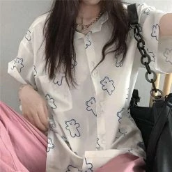 Apparel Harajuku Blue Bear Print Short Sleeve Shirt 19 Apparel Harajuku Blue Bear Print Short Sleeve Shirt