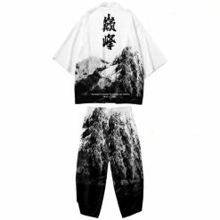 Apparel Japanese Black White Mountains Dragon Mens Two-Piece Kimono Yukata Top & Pants Sets