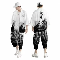 Apparel Japanese Black White Mountains Dragon Mens Two-Piece Kimono Yukata Top & Pants Sets