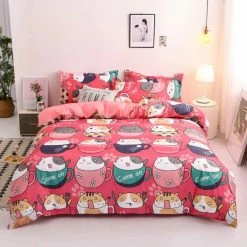 Home Decor Japanese Pink Cats Bedding Set Home & Pets