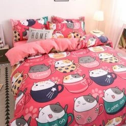 Home Decor Japanese Pink Cats Bedding Set Home & Pets