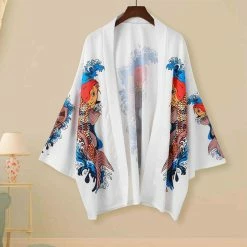 Apparel Japanese White Dragon And Golden Koi Kimono
