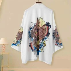 Apparel Japanese White Dragon And Golden Koi Kimono