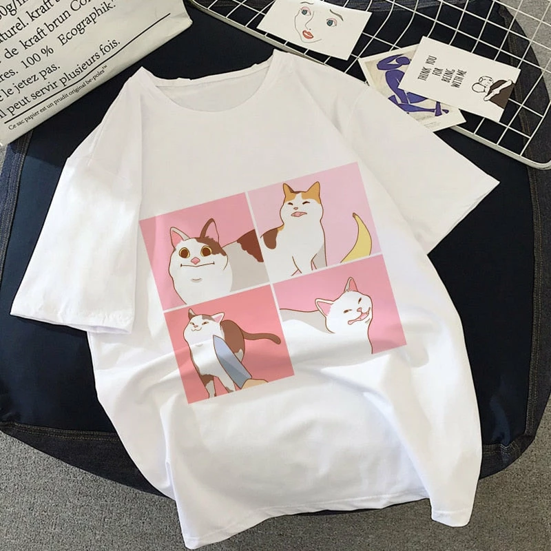 Apparel Kawaii Cartoon Cats Meme Women's Tee Tops 3 Apparel Kawaii Cartoon Cats Meme Women's Tee Tops