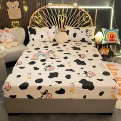 Home Decor Kawaii Cow Pattern Cotton Fitted Bedsheets