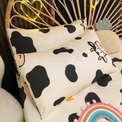 Home Decor Kawaii Cow Pattern Cotton Fitted Bedsheets