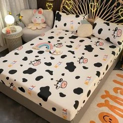 Home Decor Kawaii Cow Pattern Cotton Fitted Bedsheets