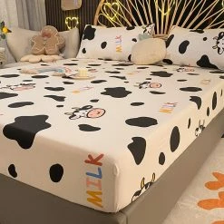 Home Decor Kawaii Cow Pattern Cotton Fitted Bedsheets