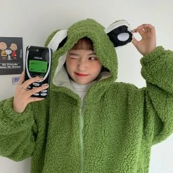 Apparel Kawaii Frog Zip-up Fluffy Over-sized Jacket