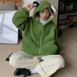 Apparel Kawaii Frog Zip-up Fluffy Over-sized Jacket