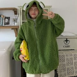 Apparel Kawaii Frog Zip-up Fluffy Over-sized Jacket