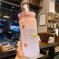 Home Decor Home & Pets Kawaii Jumbo Plastic 2000ml Water Bottle With Time Marker & Straw