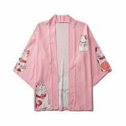 Apparel Kawaii Lucky Cat Black Pink Japanese Short Kimono