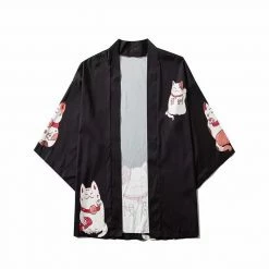 Apparel Kawaii Lucky Cat Black Pink Japanese Short Kimono