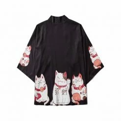 Apparel Kawaii Lucky Cat Black Pink Japanese Short Kimono
