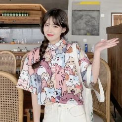 Apparel Kawaii Millions Of Cats Print Short Sleeve Shirt