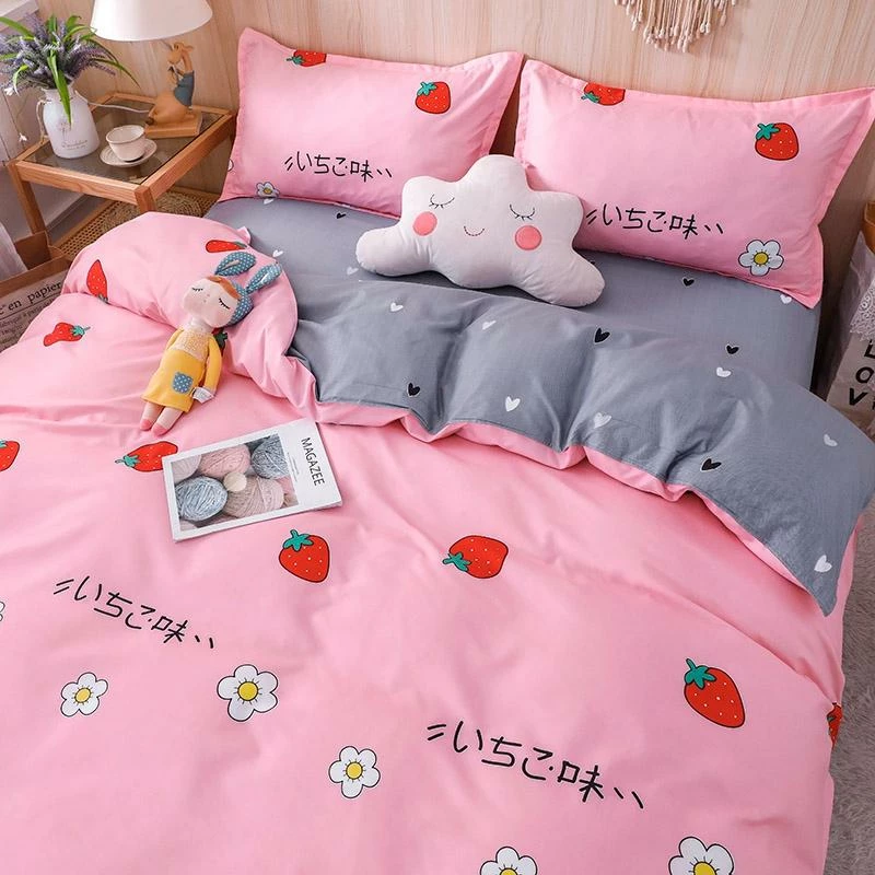 Home Decor Kawaii Pink & Grey Strawberry Pattern Bedding Set 4 Home Decor Kawaii Pink & Grey Strawberry Pattern Bedding Set