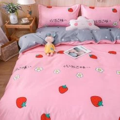 Home Decor Kawaii Pink & Grey Strawberry Pattern Bedding Set 14 Home Decor Kawaii Pink & Grey Strawberry Pattern Bedding Set