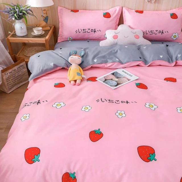 Home Decor Kawaii Pink & Grey Strawberry Pattern Bedding Set 5 Home Decor Kawaii Pink & Grey Strawberry Pattern Bedding Set
