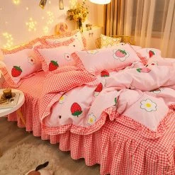 Home Decor Bedding Sets Luxury 100% Pure Cotton Kawaii Pink Strawberry Bedding Set