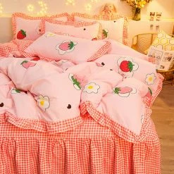 Home Decor Bedding Sets Luxury 100% Pure Cotton Kawaii Pink Strawberry Bedding Set