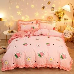 Home Decor Bedding Sets Luxury 100% Pure Cotton Kawaii Pink Strawberry Bedding Set