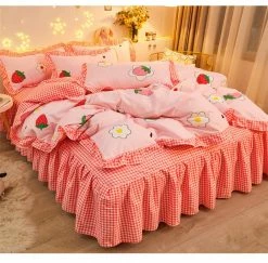 Home Decor Bedding Sets Luxury 100% Pure Cotton Kawaii Pink Strawberry Bedding Set