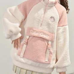 Apparel Kawaii Pink White Two-Tone Long Sleeve Fleece Embroidery Jacket