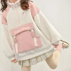 Apparel Kawaii Pink White Two-Tone Long Sleeve Fleece Embroidery Jacket
