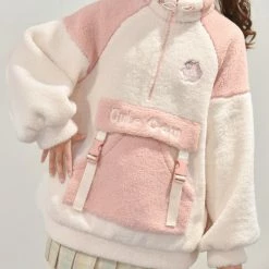 Apparel Kawaii Pink White Two-Tone Long Sleeve Fleece Embroidery Jacket