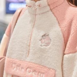 Apparel Kawaii Pink White Two-Tone Long Sleeve Fleece Embroidery Jacket