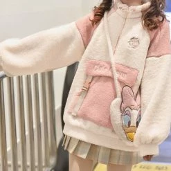 Apparel Kawaii Pink White Two-Tone Long Sleeve Fleece Embroidery Jacket
