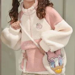 Apparel Kawaii Pink White Two-Tone Long Sleeve Fleece Embroidery Jacket