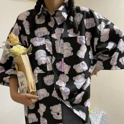 Apparel Kawaii Purple Bear Print Short-Sleeve Shirt